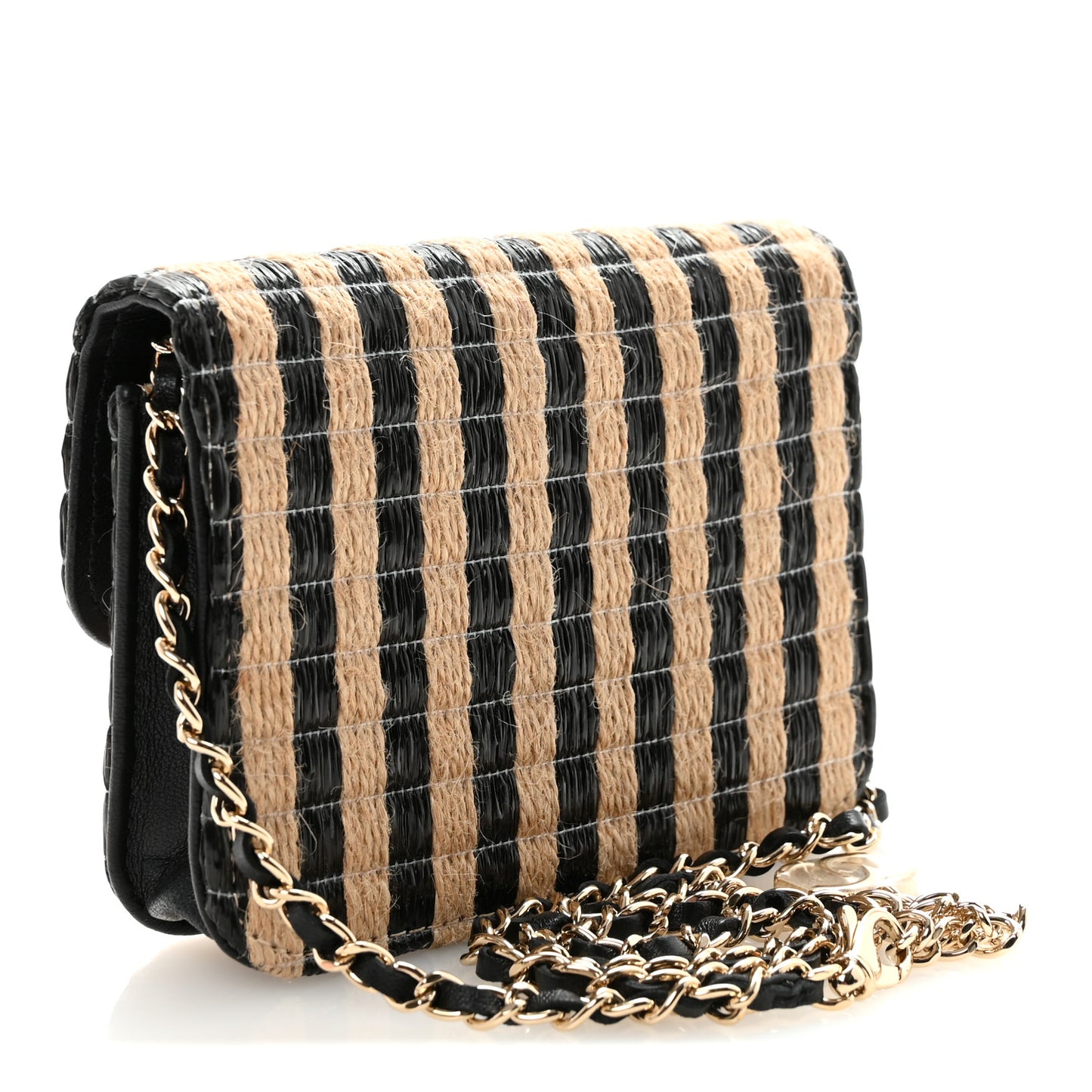 Raffia Jute Striped Belt Bag Black Beige