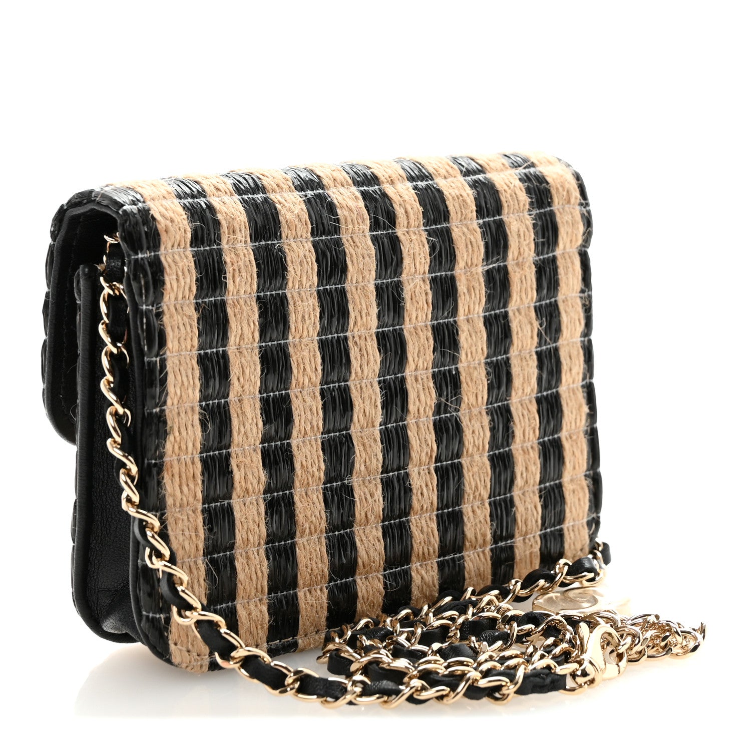 Chanel Raffia Jute Striped Belt Bag Black Beige 3 of 12