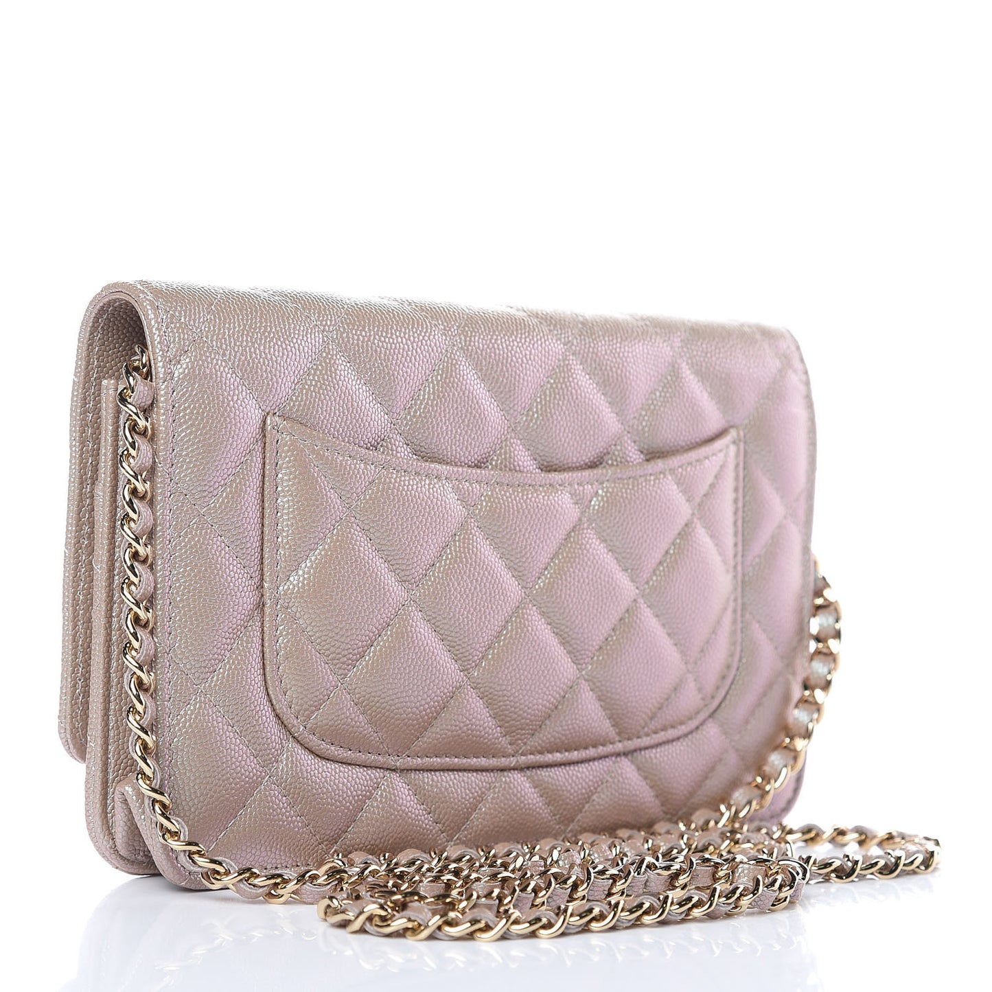 Iridescent Caviar Quilted Wallet On Chain WOC Beige
