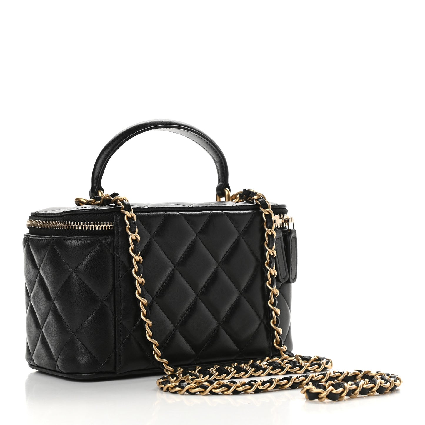 Lambskin Quilted Small Top Handle Vanity Case With Chain Black