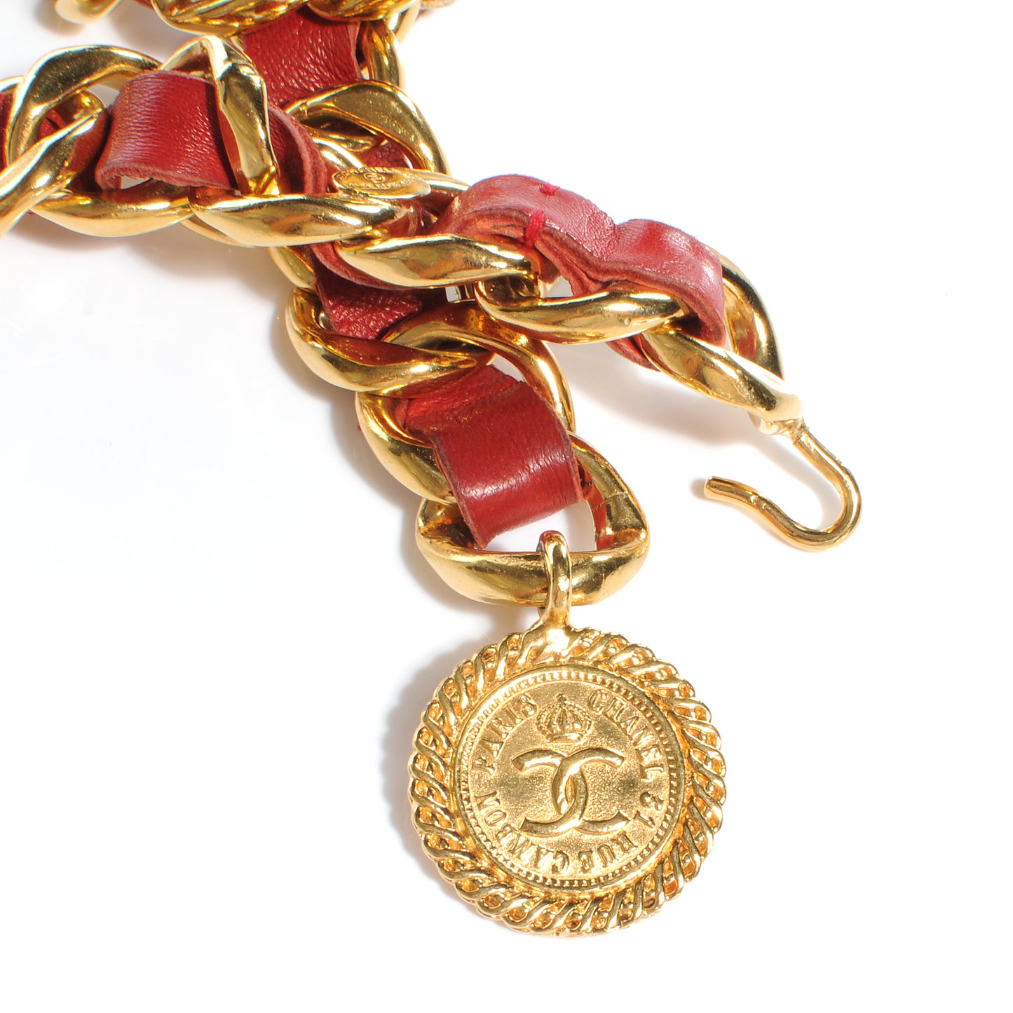 Leather Gold Chain Link Medallion Belt Red