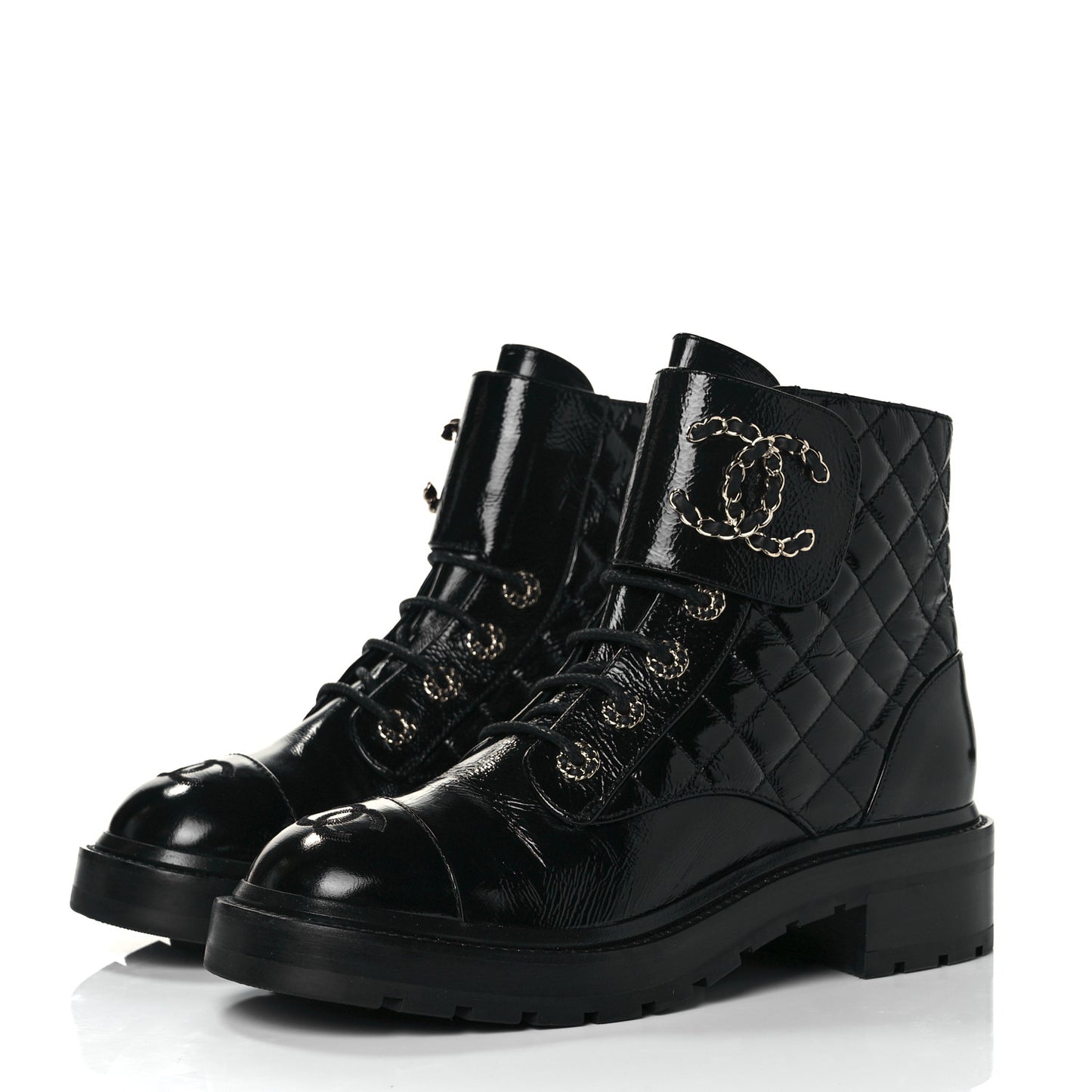 Shiny Calfskin Quilted Lace Up Combat Boots 38.5 Black