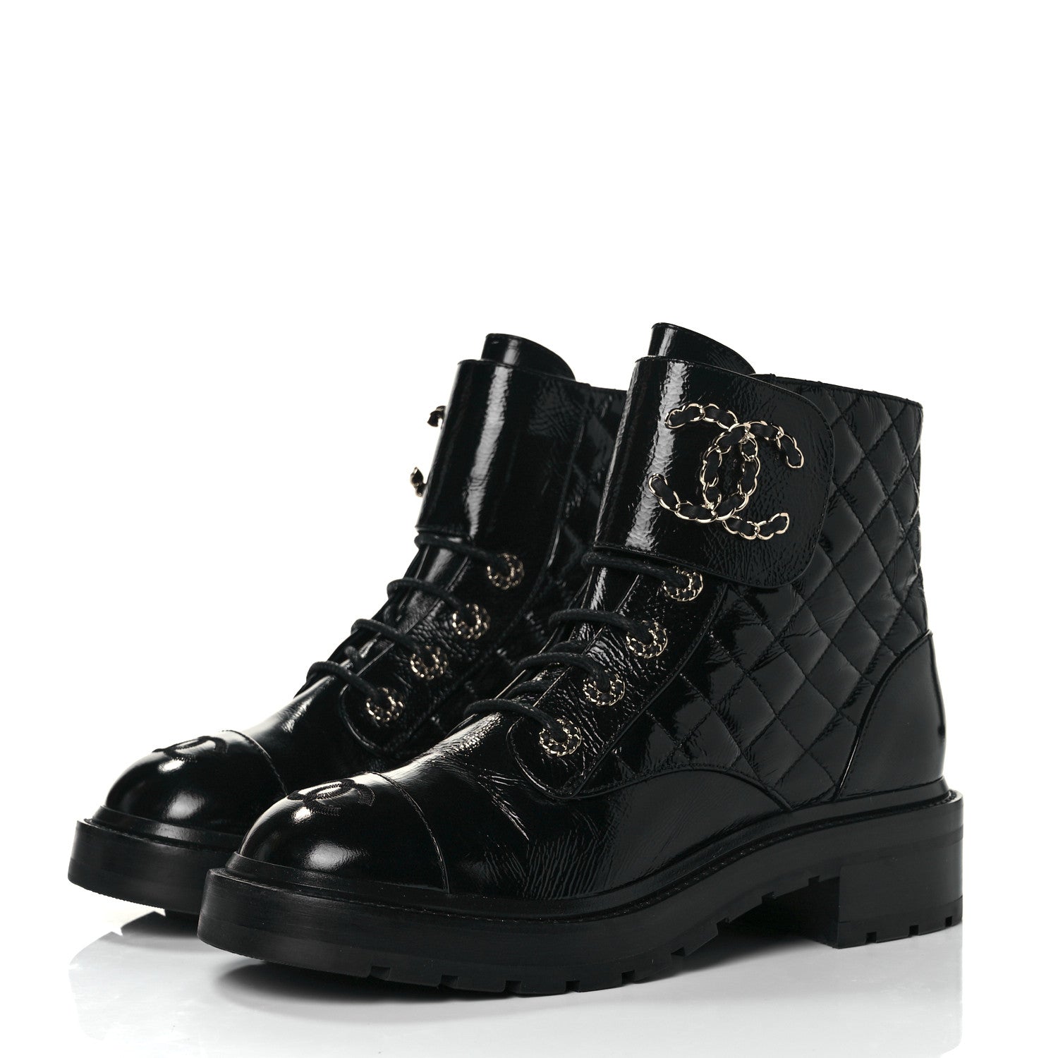 Chanel Shiny Calfskin Quilted Lace Up Combat Boots 38.5 Black 3 of 9