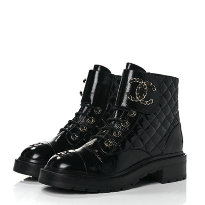 Chanel Shiny Calfskin Quilted Lace Up Combat Boots 38.5 Black 3 of 9