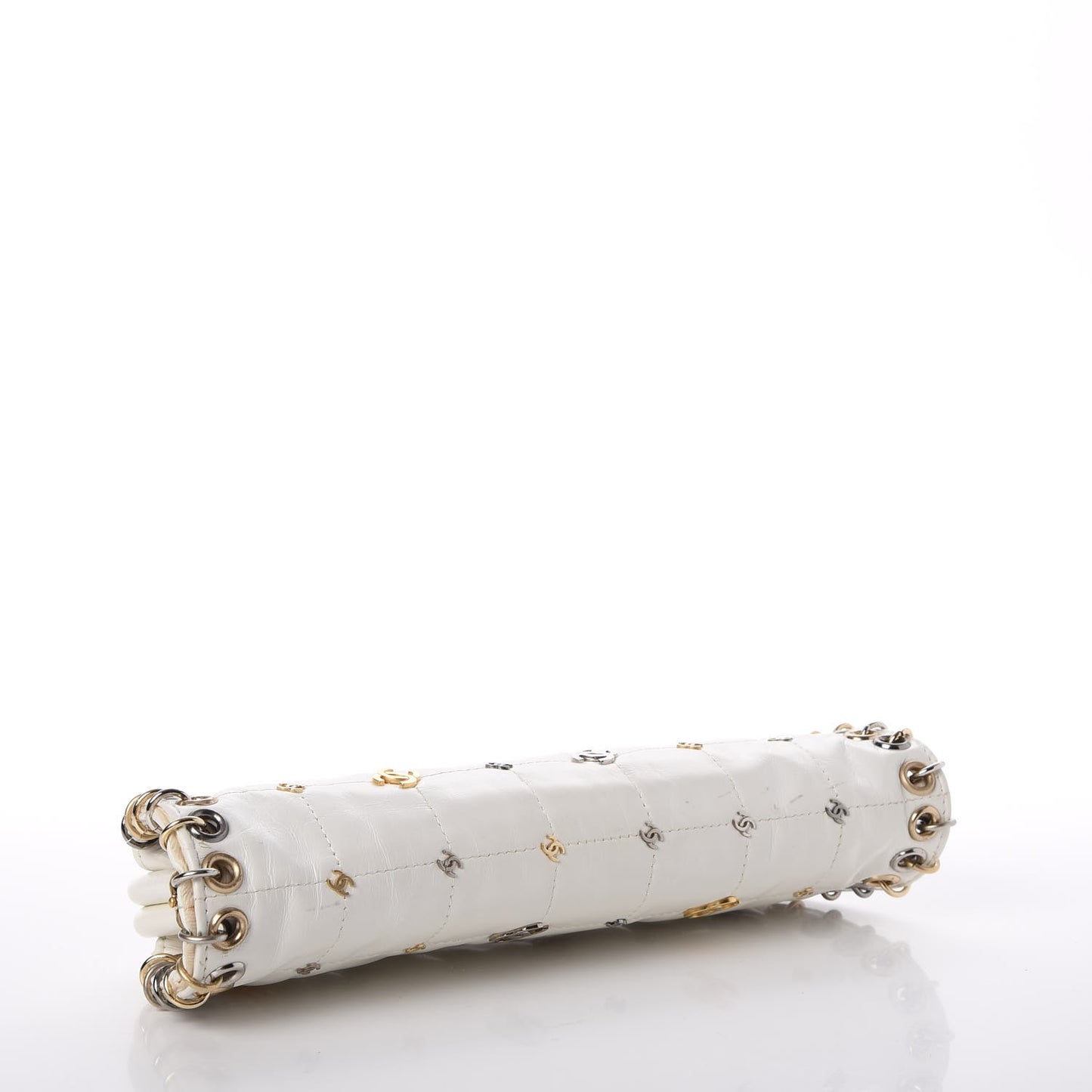 Calfskin Square Quilted Grommet Embellished Piercing Chic Clutch White