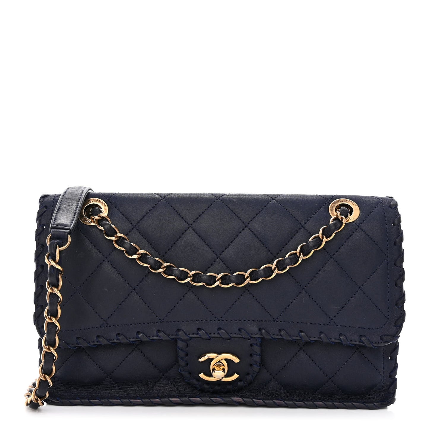 Iridescent Calfskin Small Happy Stitch Flap Navy