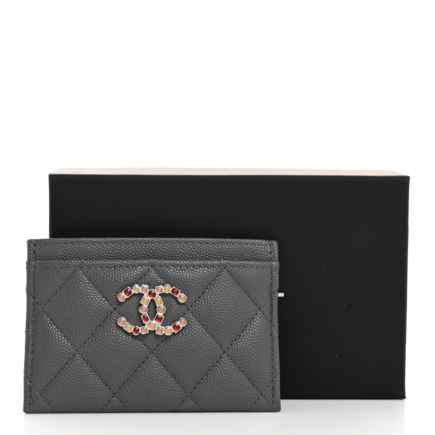 Shiny Caviar Enamel Quilted CC Flap Card Holder Grey