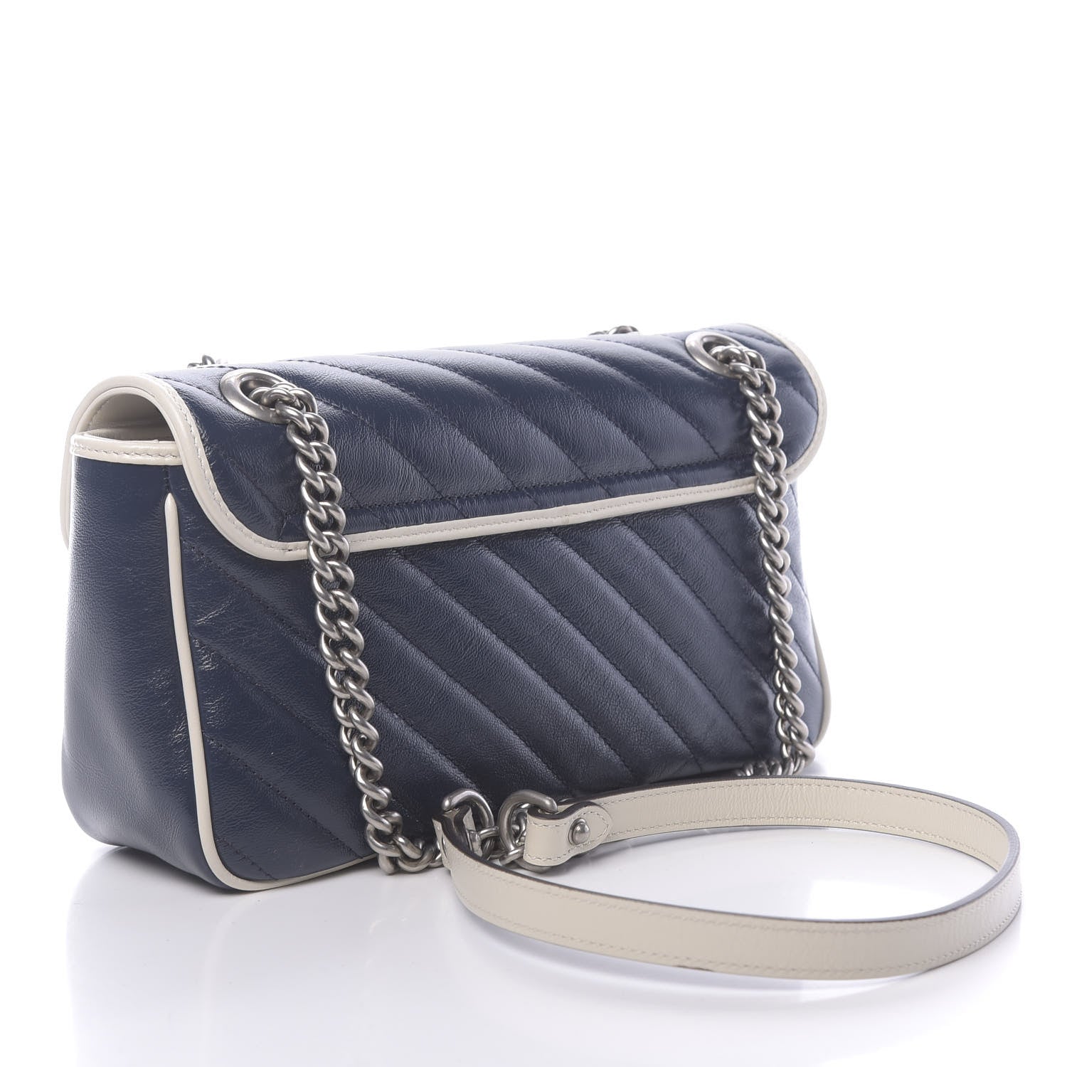Gucci Vintage Effect Calfskin Matelasse Diagonal Small Torchon GG Marmont Shoulder Bag Blue Agata Mystic White 3 of 10