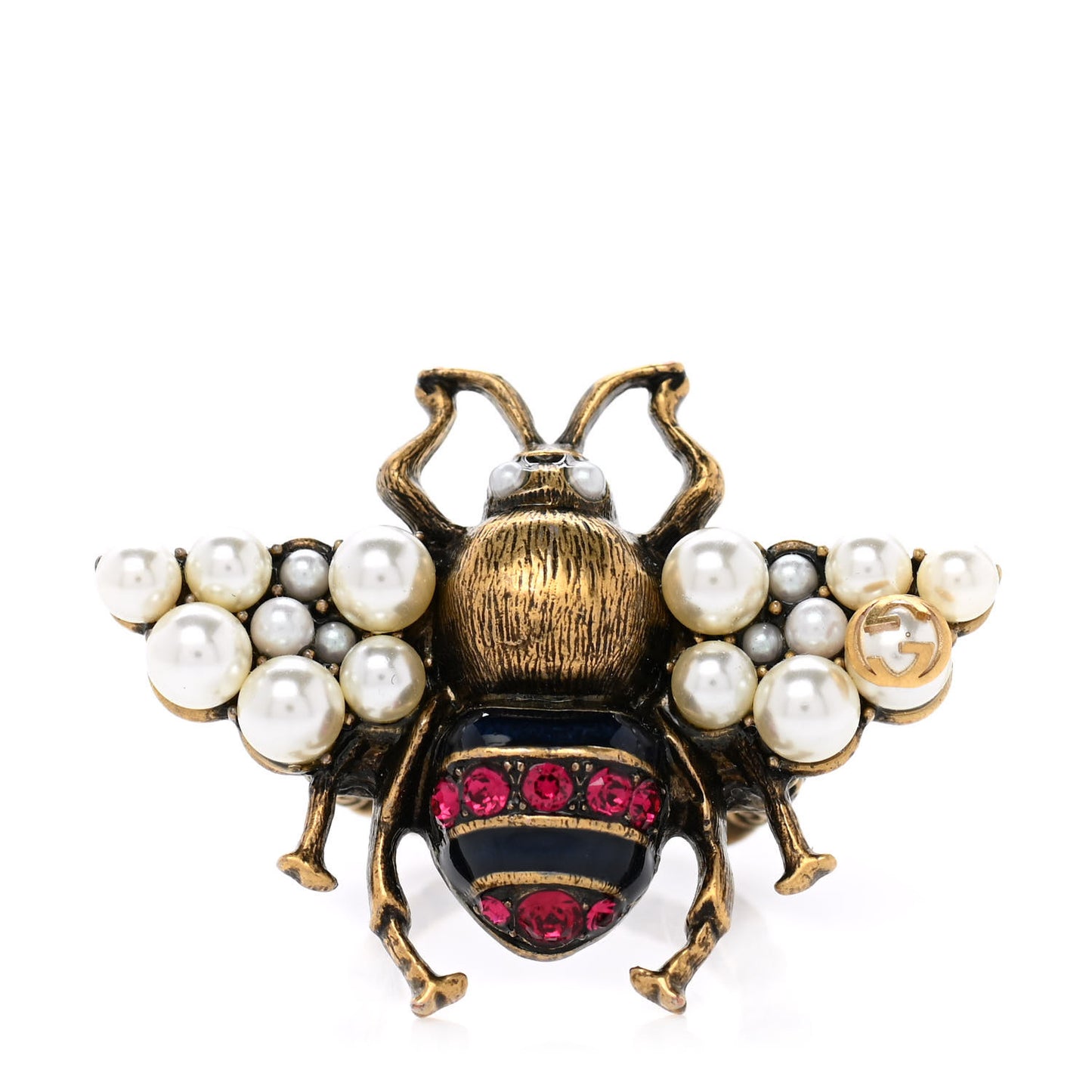 Metal Crystal Pearl Bee Ring 7.25 Aged Gold