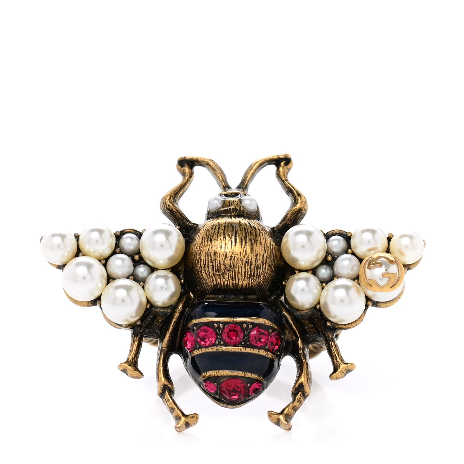 Gucci Metal Crystal Pearl Bee Ring 7.25 Aged Gold 2 of 13