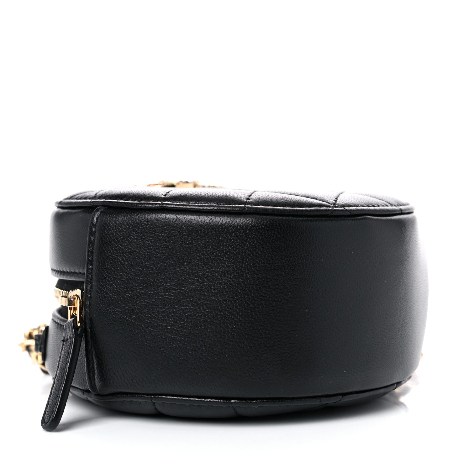 Lambskin Quilted Zirconium Round Clutch With Chain Black