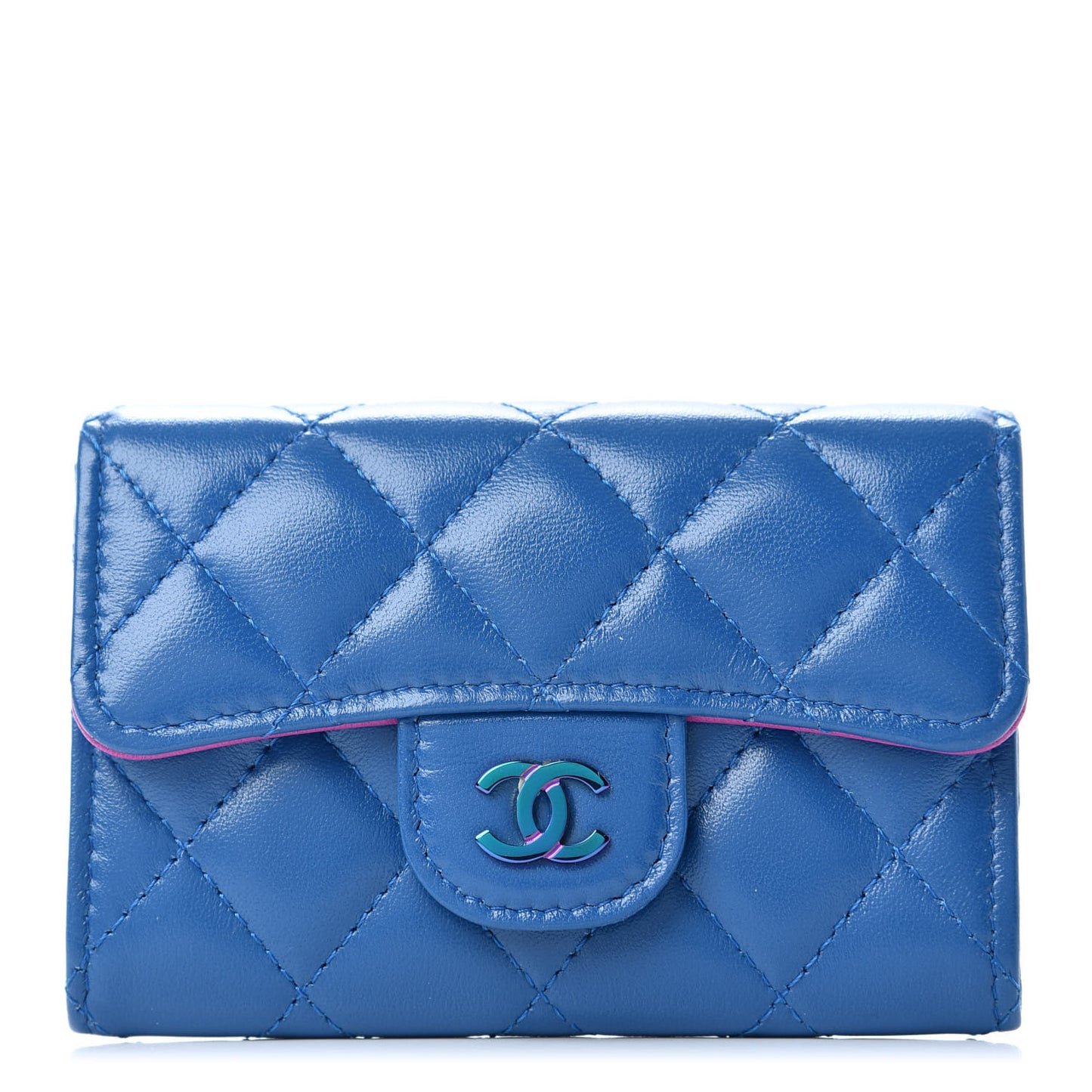 Lambskin Quilted Flap Card Holder Wallet Blue Pink