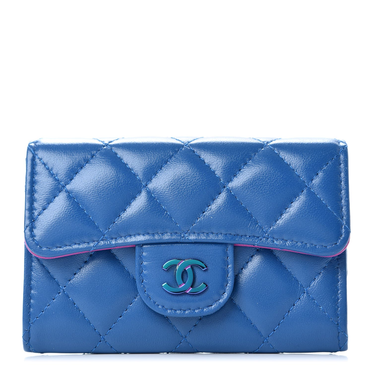 Chanel Lambskin Quilted Flap Card Holder Wallet Blue Pink 1 of 9