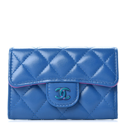 Chanel Lambskin Quilted Flap Card Holder Wallet Blue Pink 1 of 9