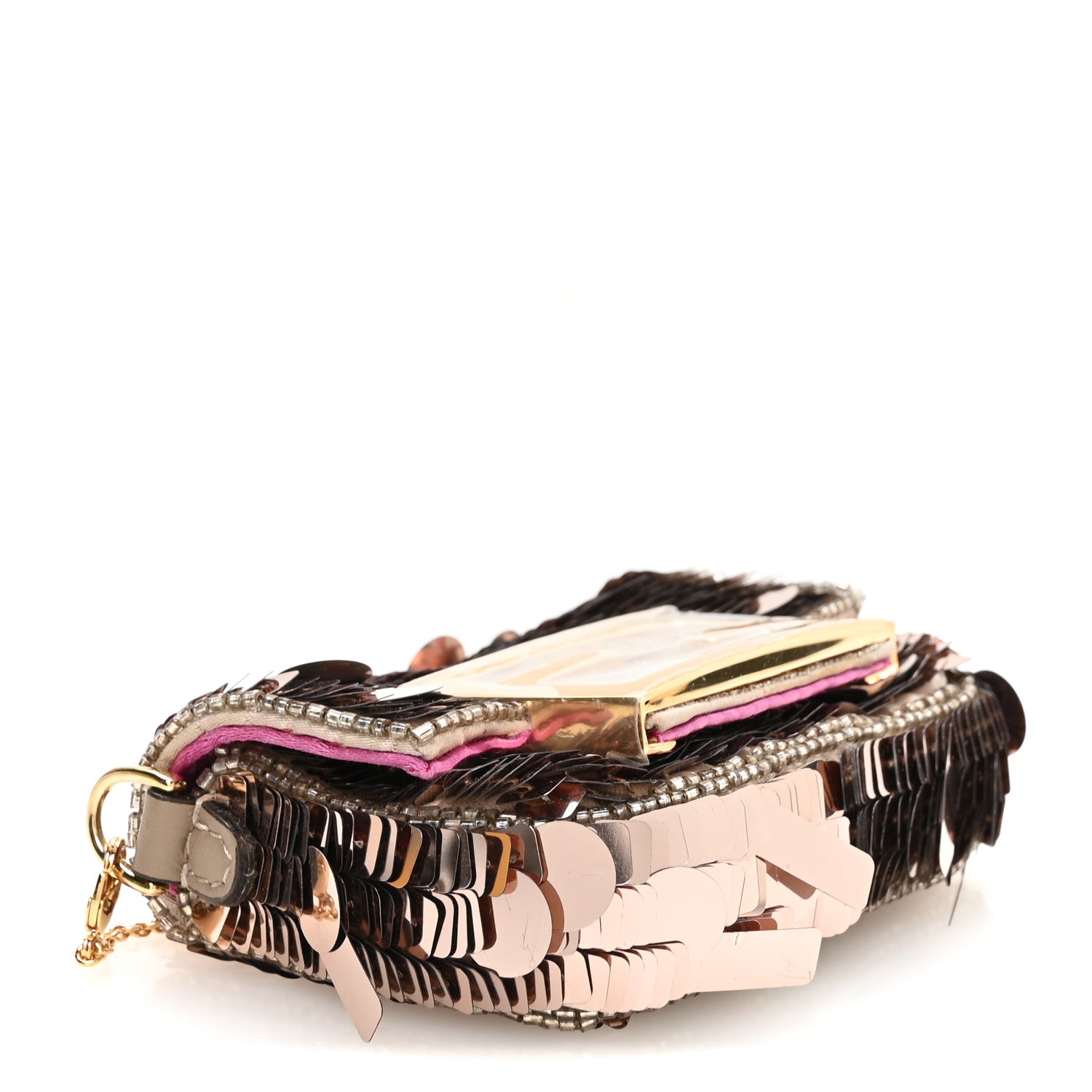 Fendi Sequin Paillettes Shiny Nappa Sex and the City Nano Maxi Buckle Baguette Charm Tortora 4 of 10
