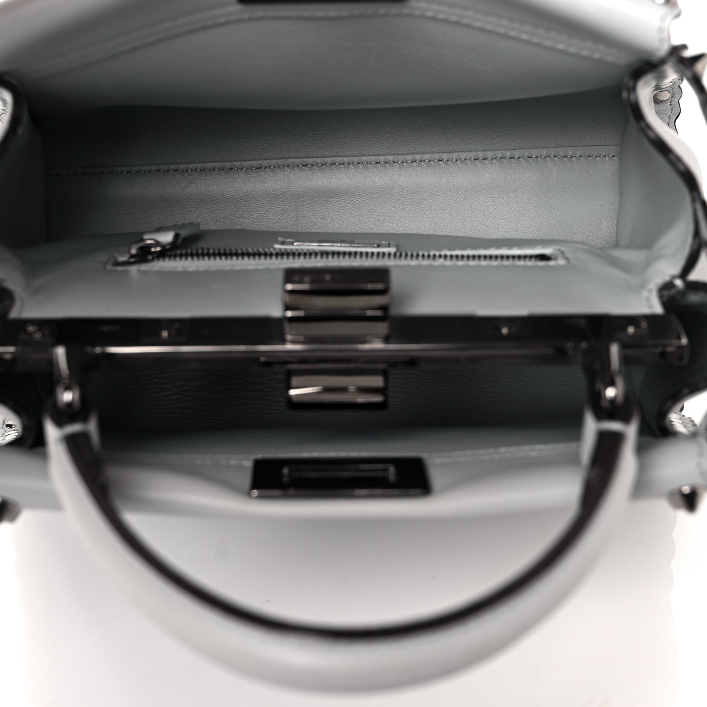 Vitello Seta Shiny Nappa Scalloped Studded Mini Peekaboo Iconic Satchel Grigio Perla