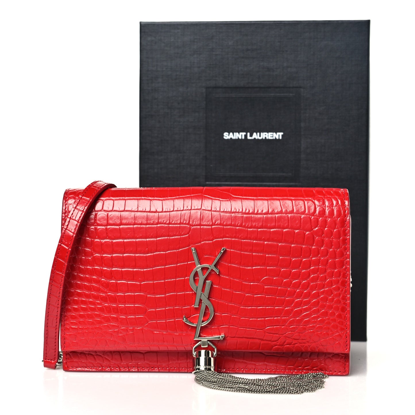 Calfskin Crocodile Embossed Kate Monogram Tassel Chain Wallet Rouge Eros