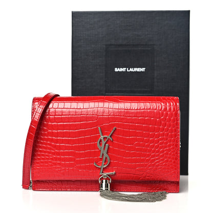 Saint Laurent Calfskin Crocodile Embossed Kate Monogram Tassel Chain Wallet Rouge Eros 10 of 10