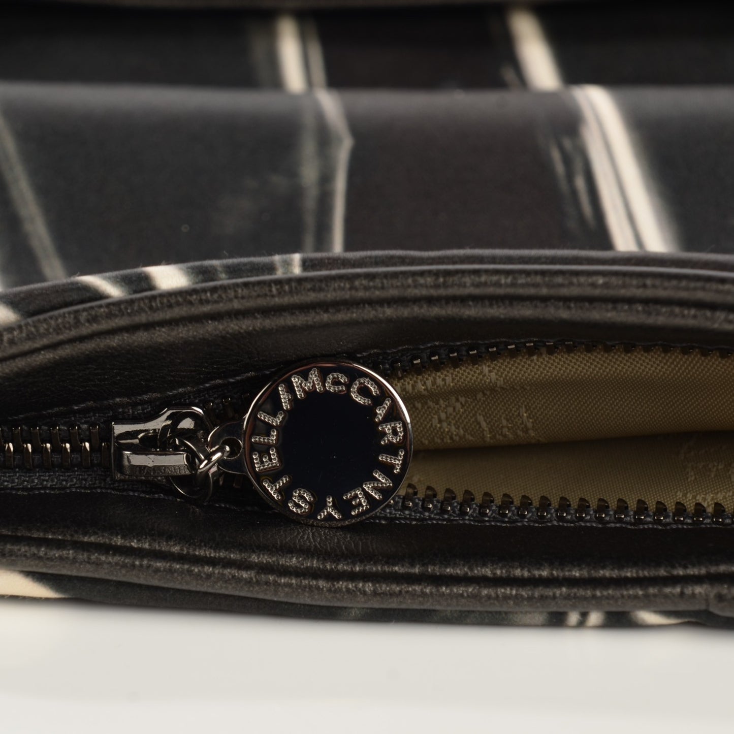 Satin Foil Print Fold Over Falabella Clutch Black