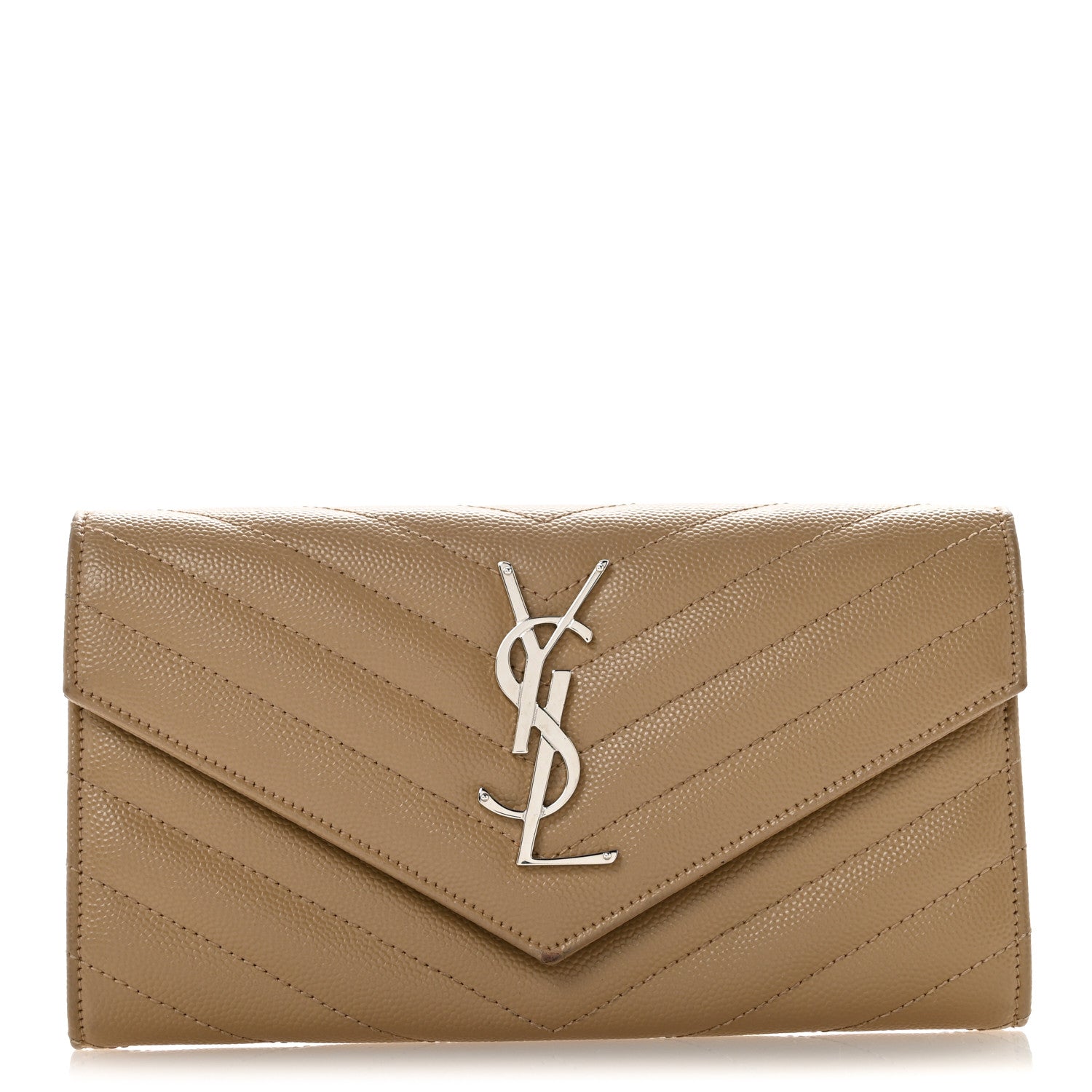 Saint Laurent Grain De Poudre Matelasse Chevron Monogram Flap Wallet Dark Beige 1 of 11