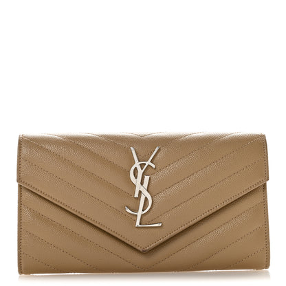 Saint Laurent Grain De Poudre Matelasse Chevron Monogram Flap Wallet Dark Beige 1 of 11