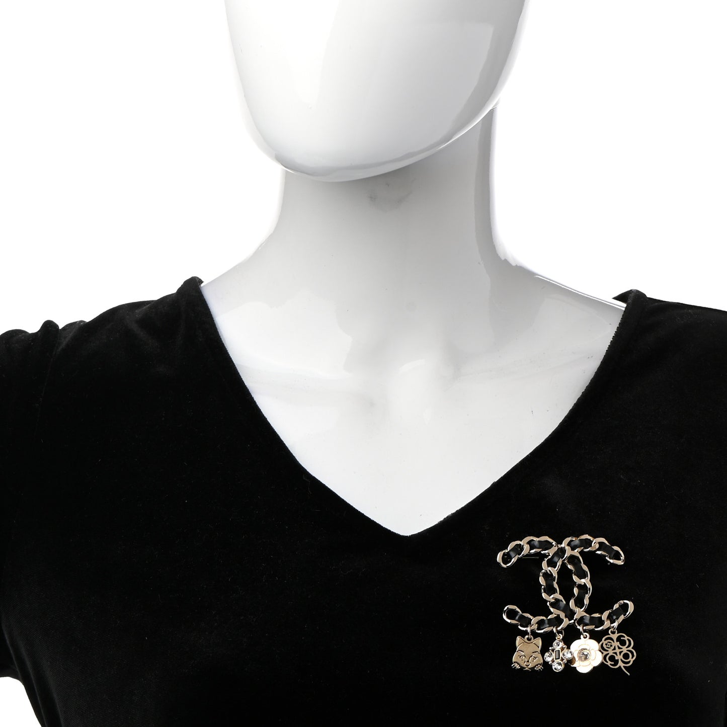 Lambskin Crystal Chain CC Charms Brooch Black Gold