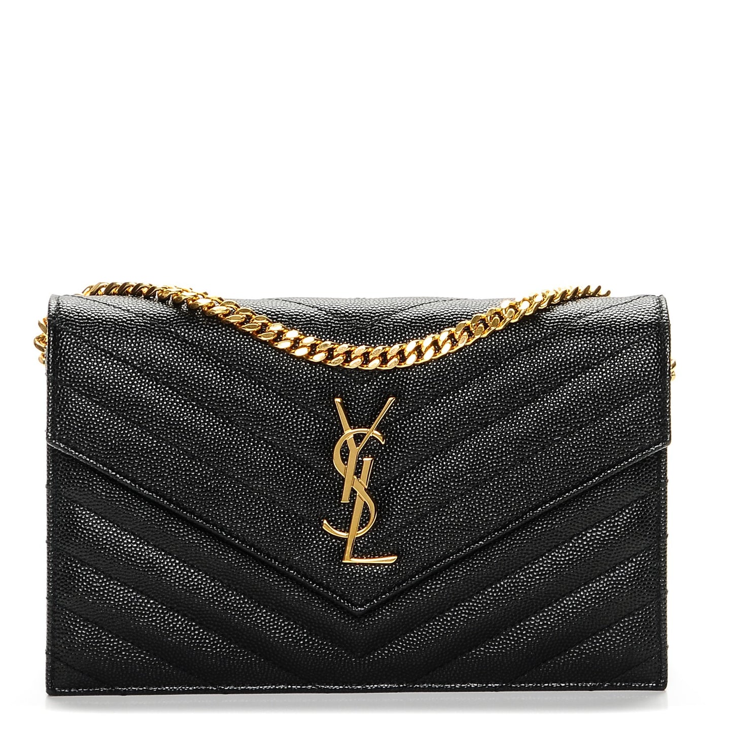 Grain De Poudre Matelasse Chevron Monogram Envelope Chain Wallet Black