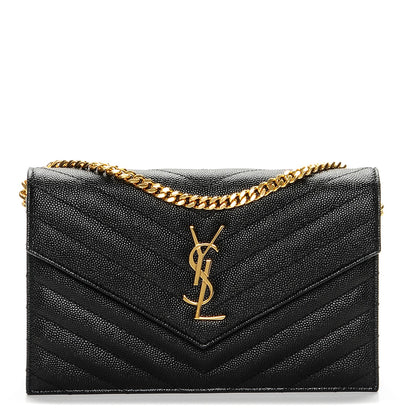 Saint Laurent Grain De Poudre Matelasse Chevron Monogram Envelope Chain Wallet Black 1 of 7