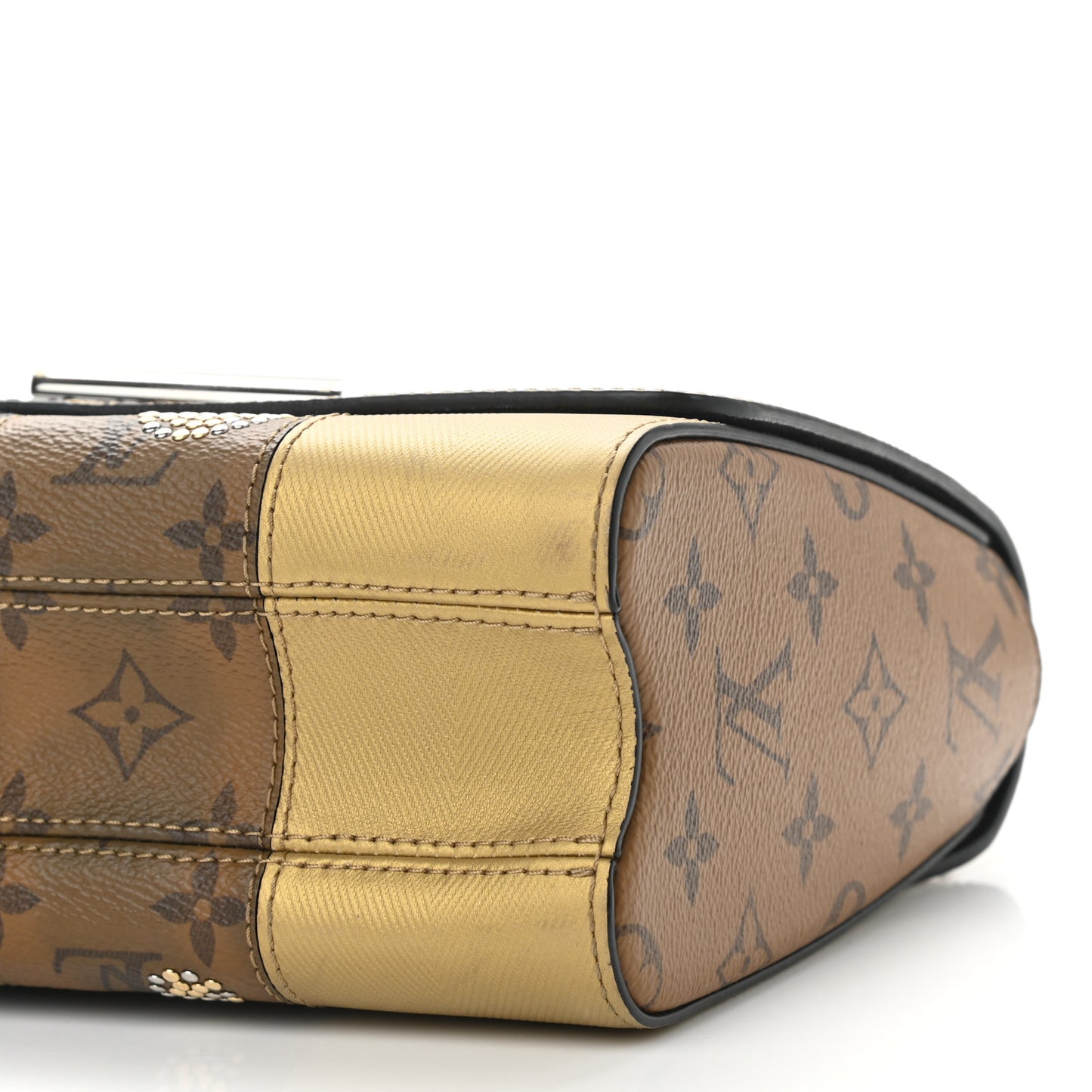 Calfskin Reverse Monogram Studded Twist Shoulder Bag MM Black Gold