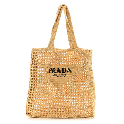 Prada Yarn Raffia Effect Crochet Logo Embroidered Tote Bag Naturale 1 of 10