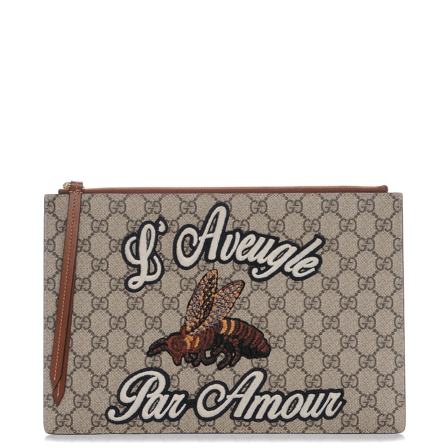 Calfskin GG Supreme Monogram Blind for Love Embroidered Large Zip Pouch Brown