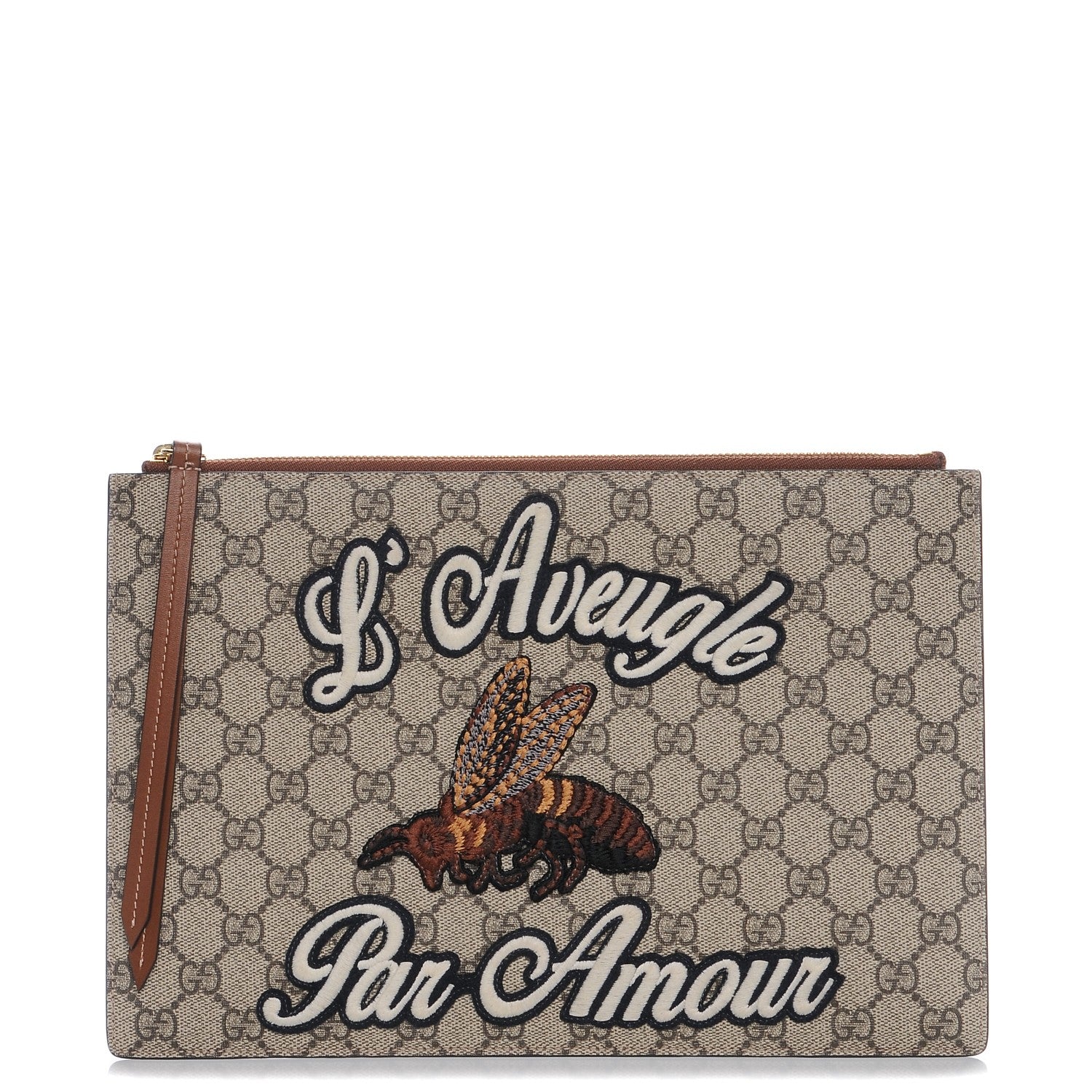 Gucci Calfskin GG Supreme Monogram Blind for Love Embroidered Large Zip Pouch Brown 1 of 8