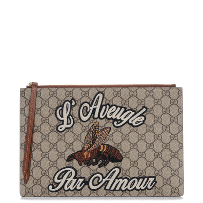 Gucci Calfskin GG Supreme Monogram Blind for Love Embroidered Large Zip Pouch Brown 1 of 8