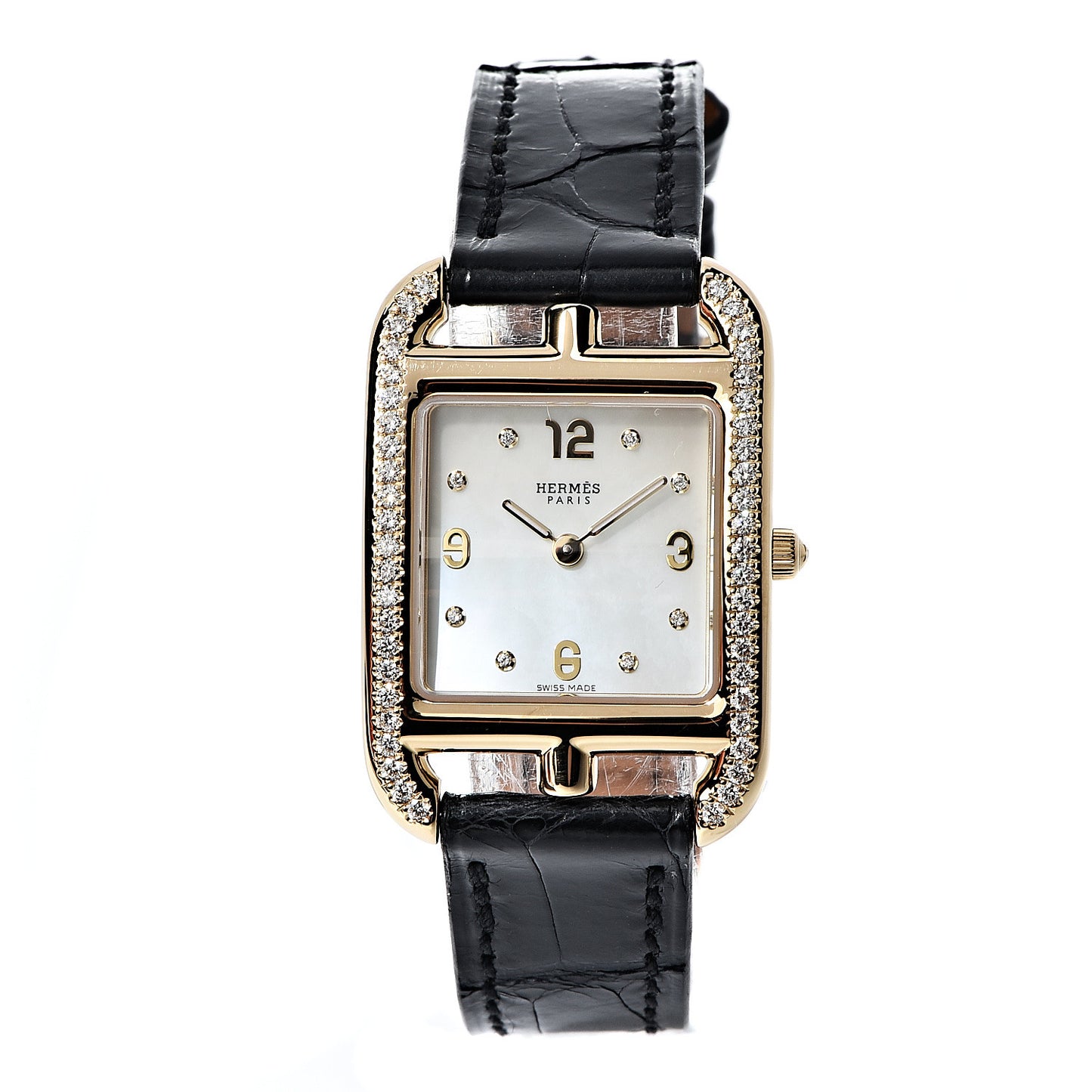 18K Yellow Gold Alligator Diamond Bezel Mother of Pearl 23mm Cape Cod Quartz Watch Noir