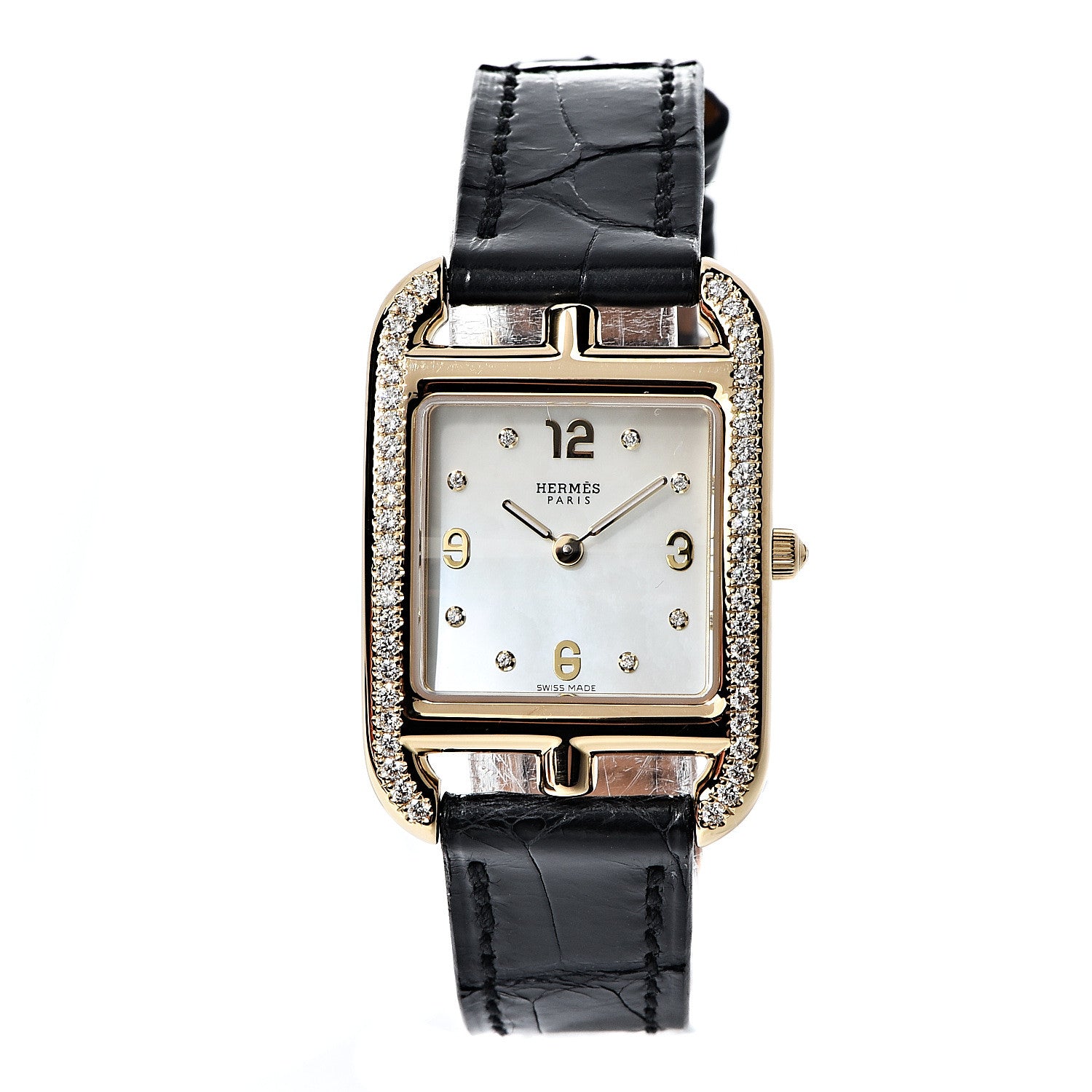 Hermes 18K Yellow Gold Alligator Diamond Bezel Mother of Pearl 23mm Cape Cod Quartz Watch Noir 1 of 9