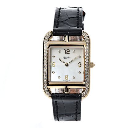 Hermes 18K Yellow Gold Alligator Diamond Bezel Mother of Pearl 23mm Cape Cod Quartz Watch Noir 1 of 9