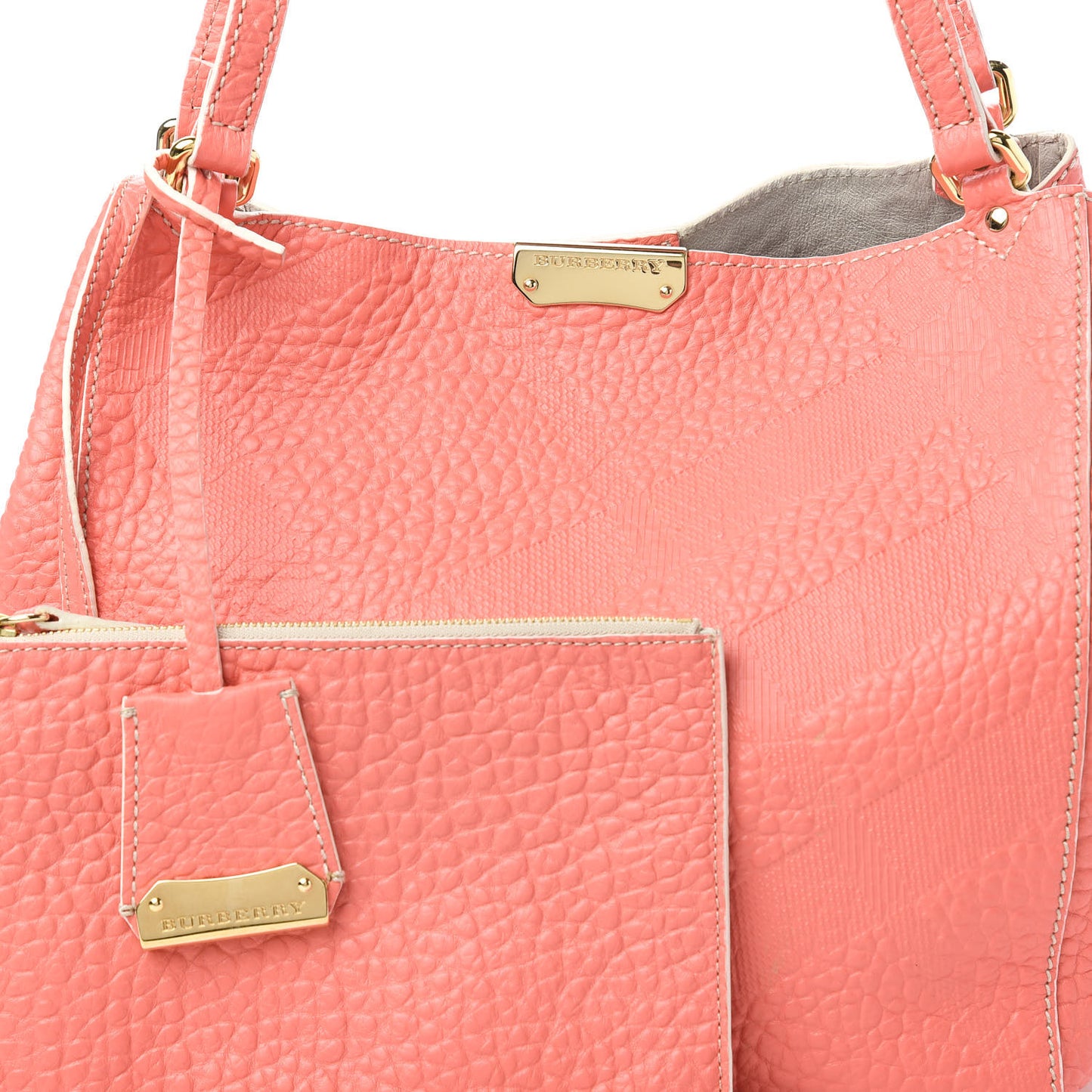 Signature Grain Calfskin Check Embossed Small Canterbury Tote Rose Pink