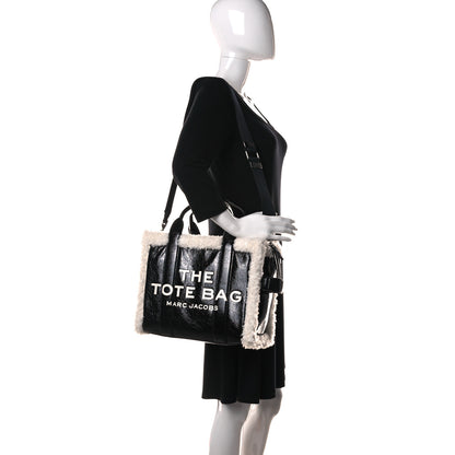 Marc Jacobs Shiny Calfskin Faux Shearling Small The Traveler Tote Bag Black 2 of 10