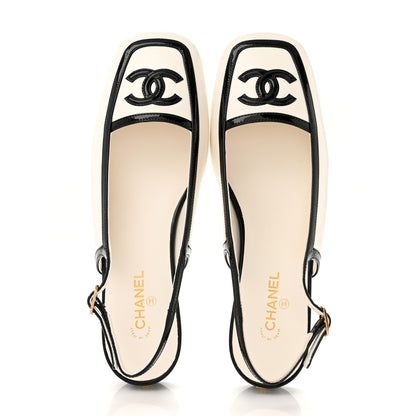 Chanel Lambskin Patent Calfskin CC Slingback Flats 37.5 White Black 2 of 10