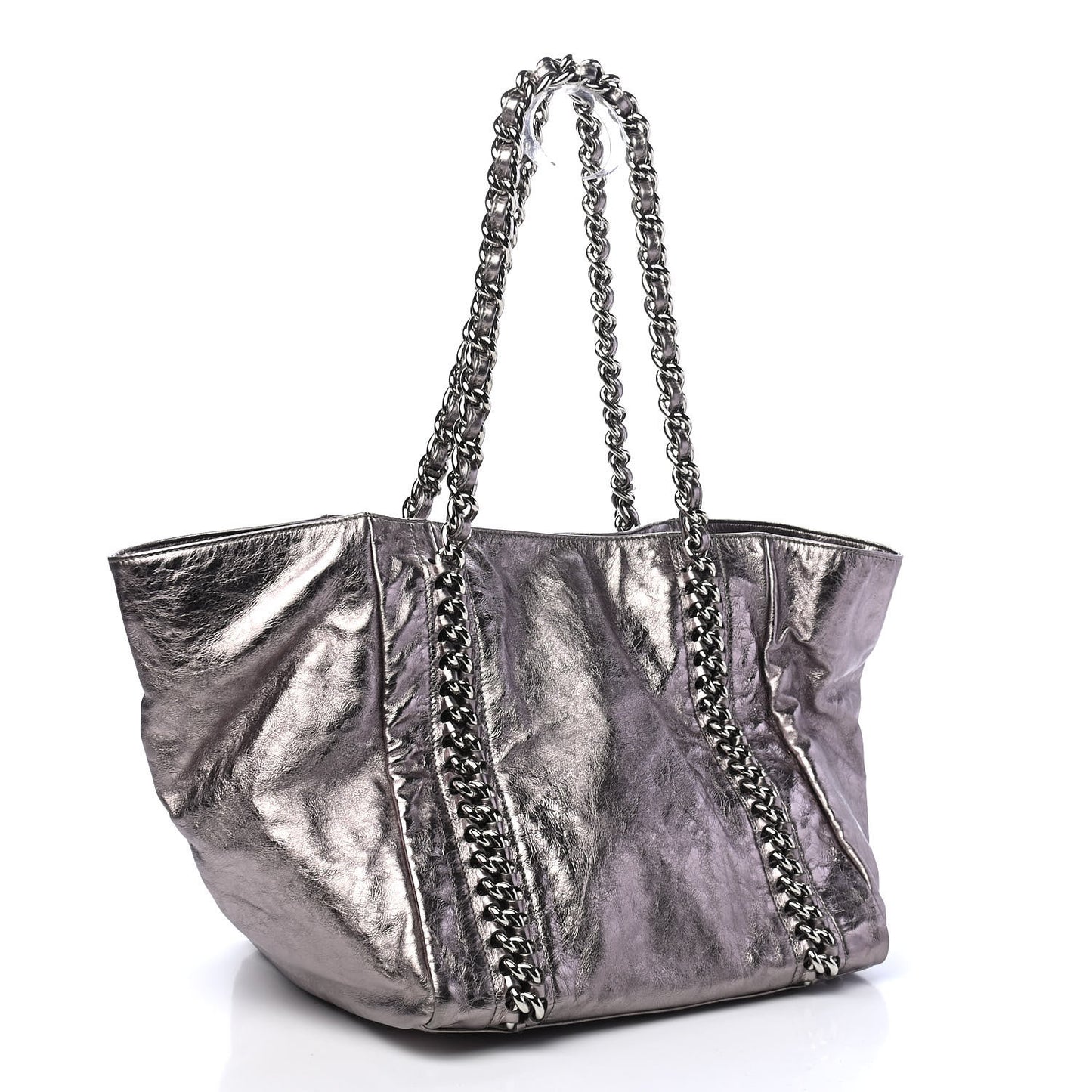 Metallic Cracked Calfskin Modern Chain Tote Dark Silver