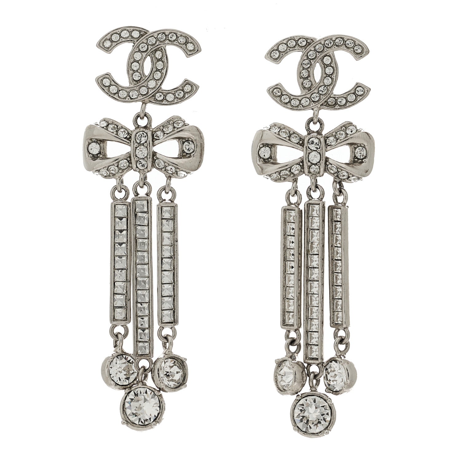 Chanel Crystal CC Bow Drop Earrings Silver 1 of 5