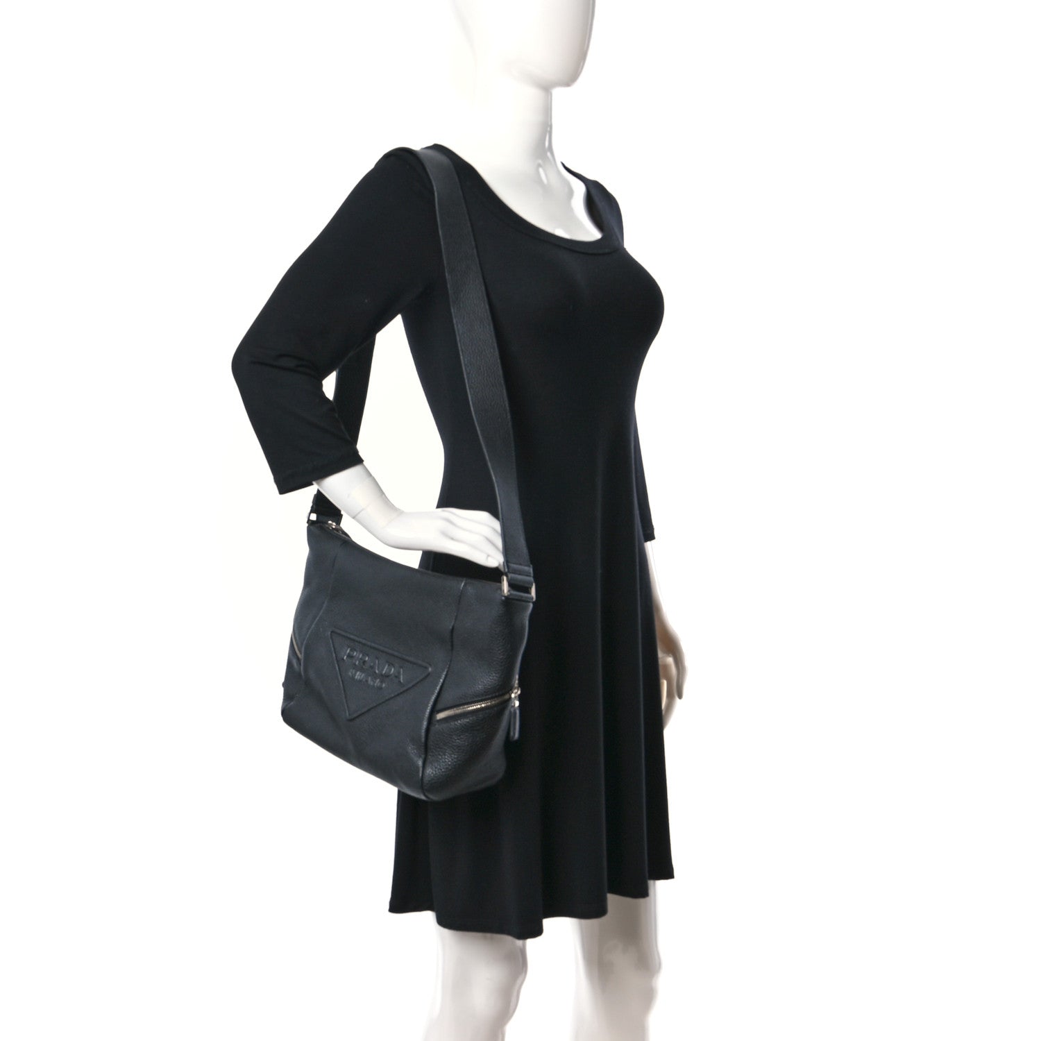 Prada Vitello Daino Triangle Logo Embossed Shoulder Bag Black 2 of 10