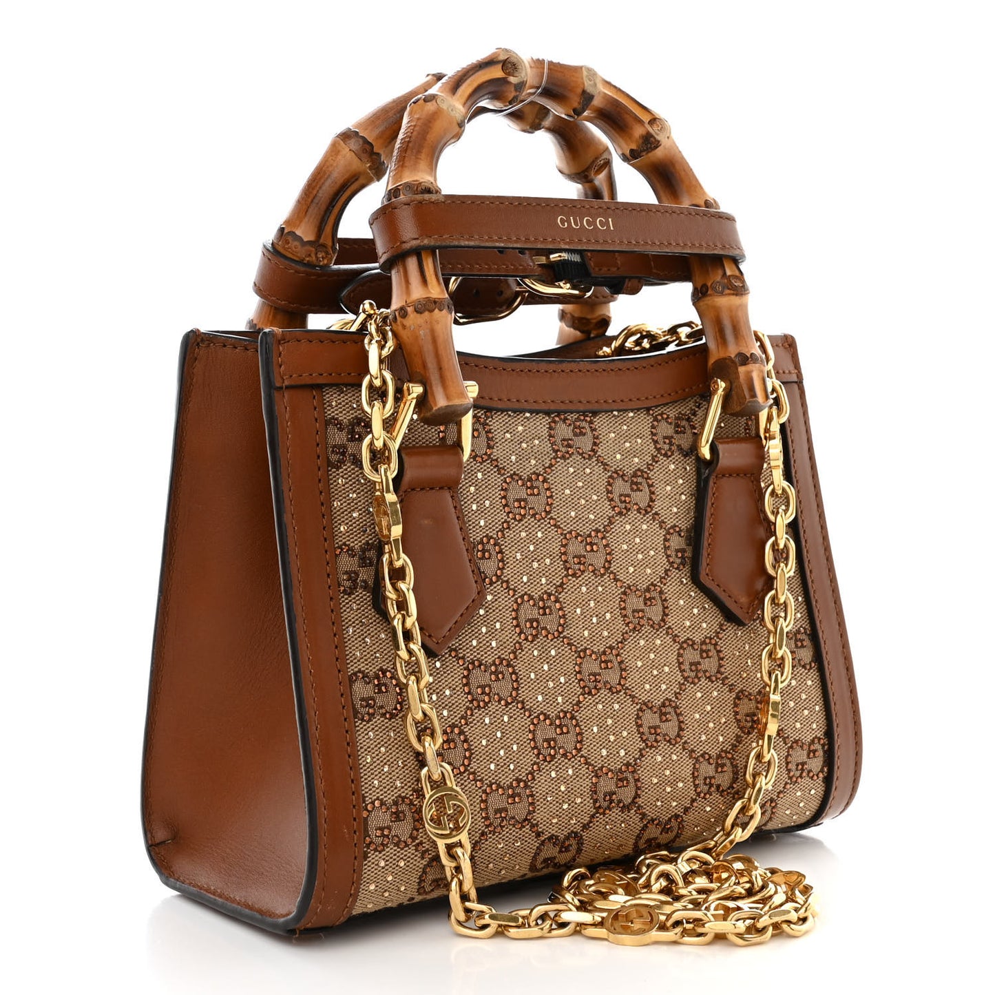 New Canvas Charisma Calfskin Crystal GG Monogram Mini Diana Tote Bag Camel Ebony