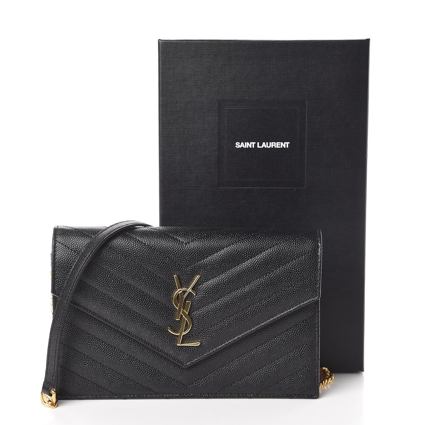 Grain De Poudre Matelasse Chevron Monogram Envelope Chain Wallet Black