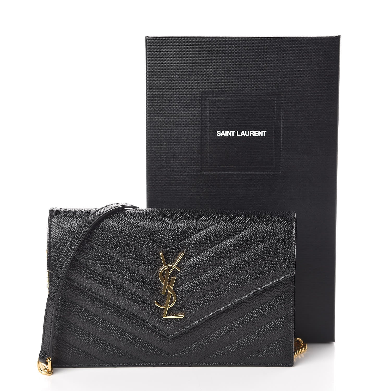 Saint Laurent Grain De Poudre Matelasse Chevron Monogram Envelope Chain Wallet Black 10 of 10