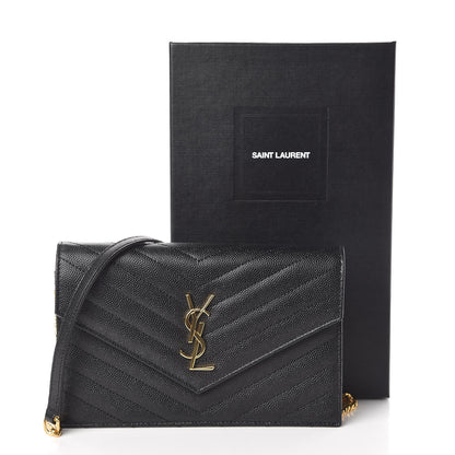 Saint Laurent Grain De Poudre Matelasse Chevron Monogram Envelope Chain Wallet Black 10 of 10