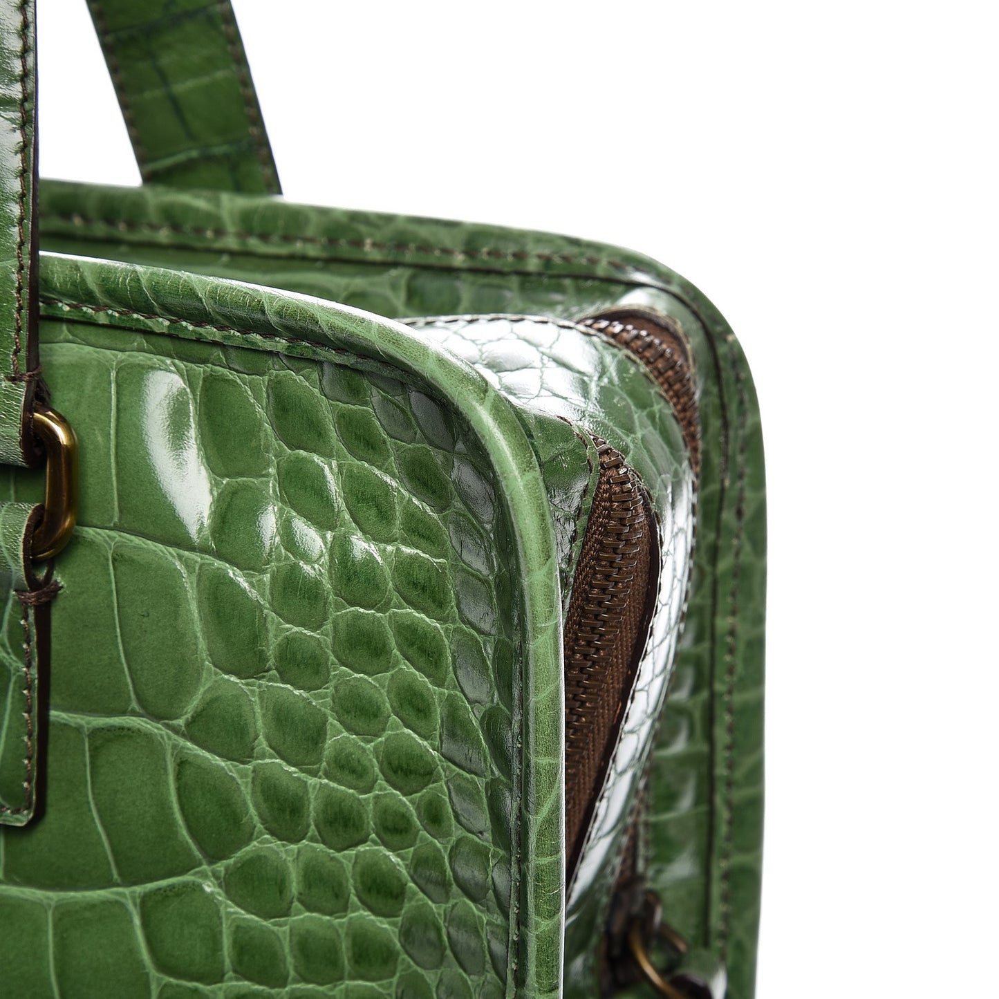 Shiny Calfskin Crocodile Embossed Double Zip Bauletto Larice