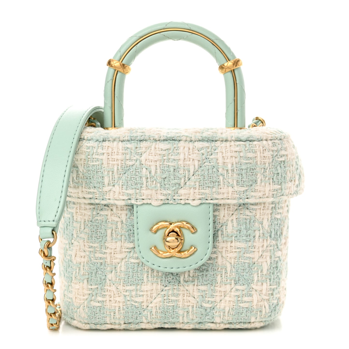 Tweed Handle Crush Top Handle Flap Bag Light Blue Ecru
