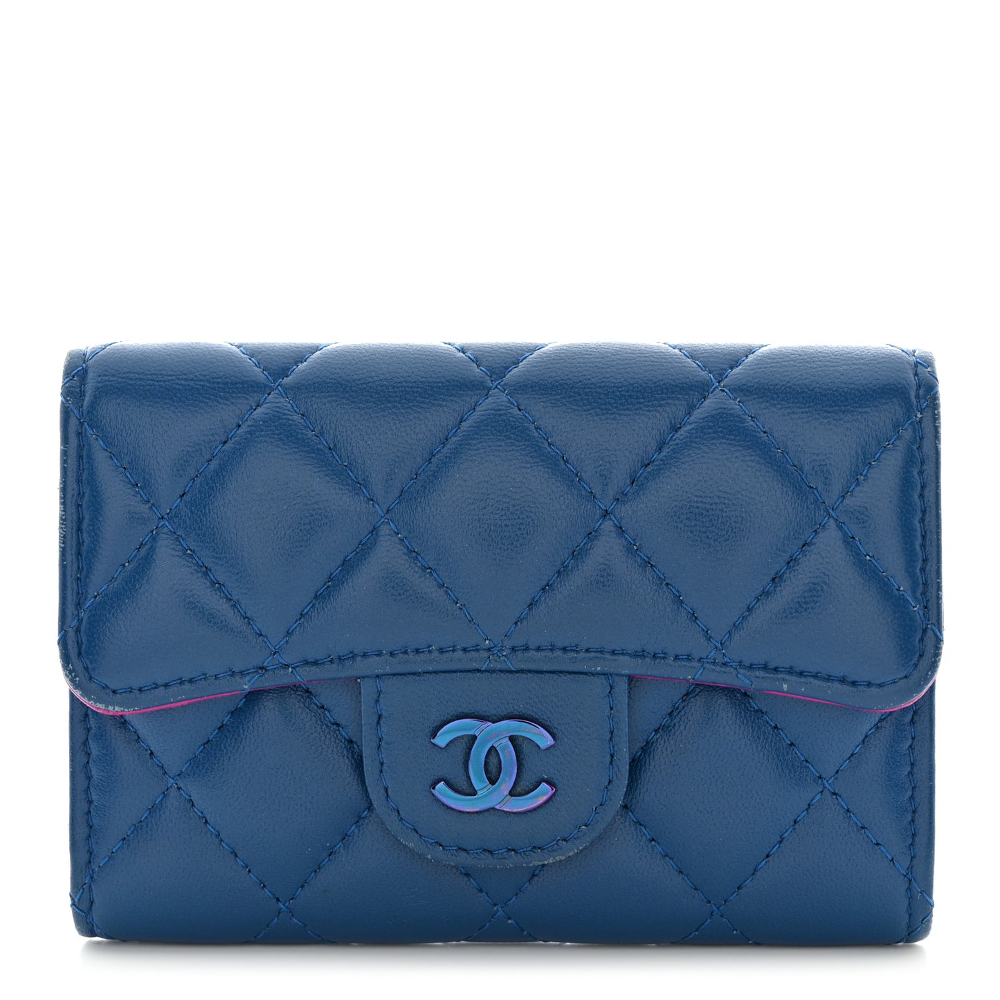 Lambskin Quilted Flap Card Holder Wallet Blue Pink
