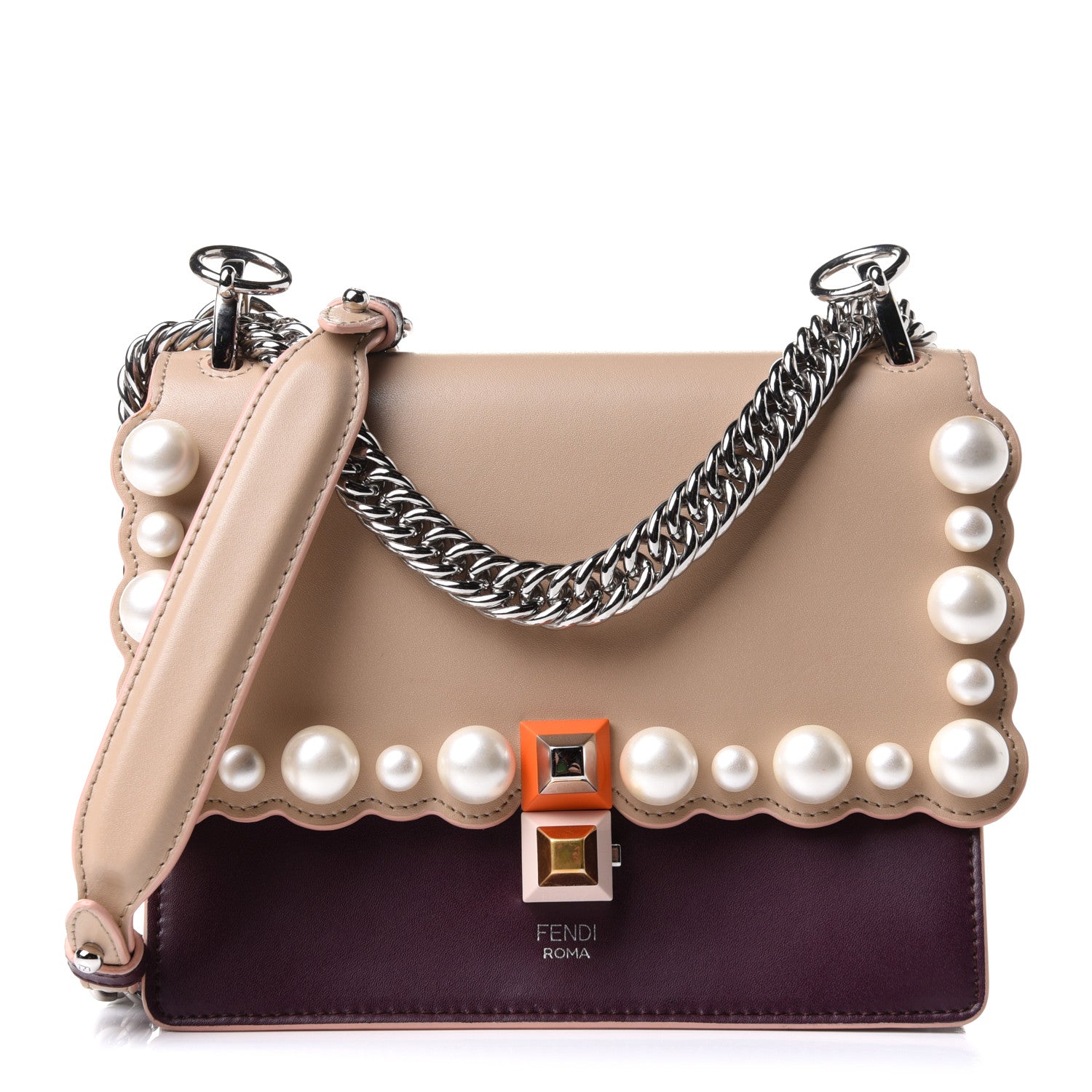 Fendi Vitello Liberty Scalloped Studded Pearl Small Kan I Shoulder Bag Black Cherry Amido 1 of 12
